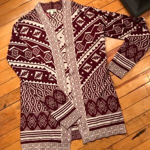 Red and Cream patterned cardigan sweater
